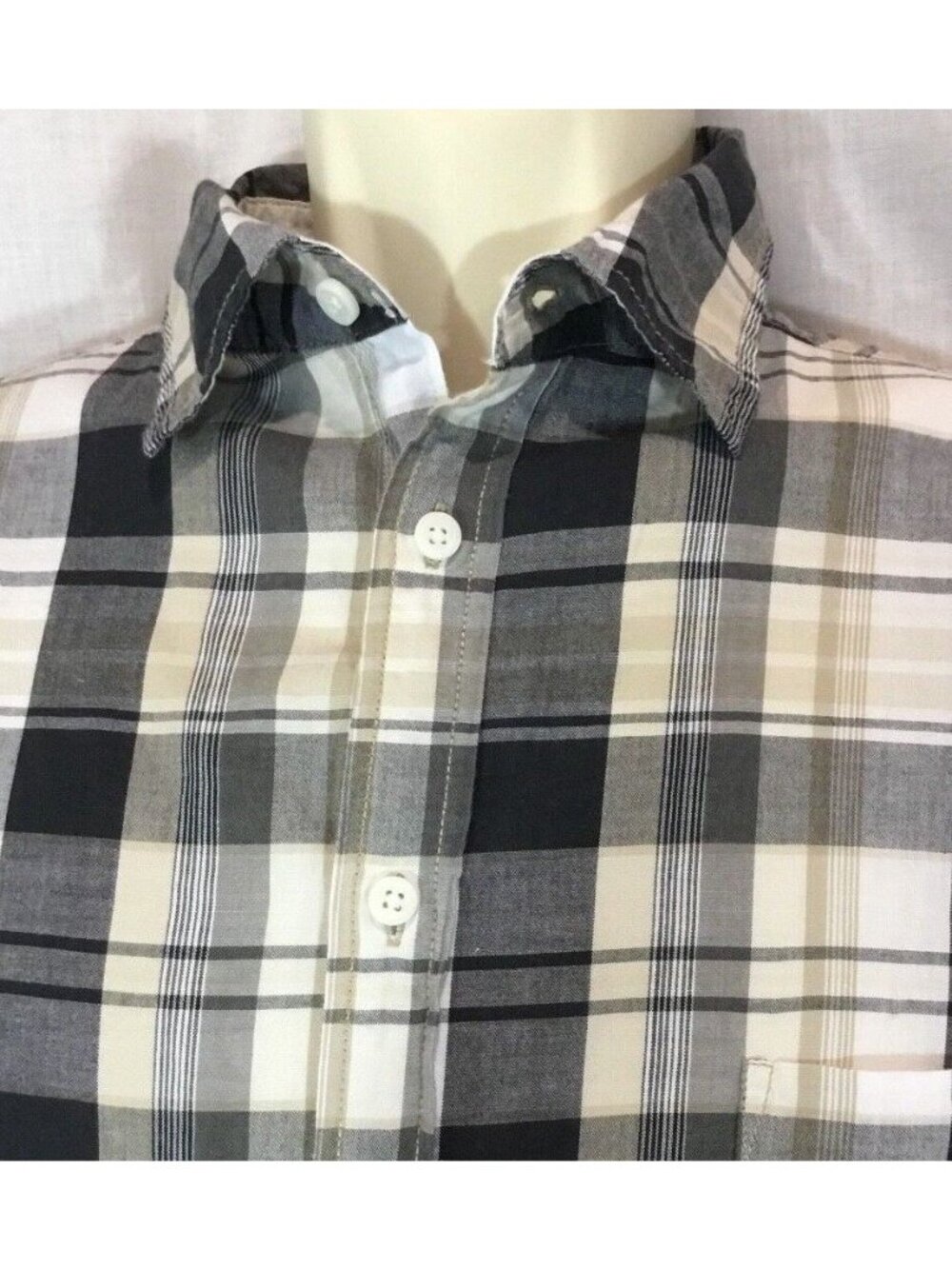 90 Grunge Button Down Shirt Mens L Neutral Gray Plaid Tailored Fit Cabincore VTG - Picture 2 of 12